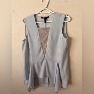 BCBGMaxAzria Light Gray Sleeveless V-Neck Peplum Top with Lace Inset